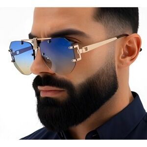 Oversized Retro Modern‎ Shield Style SUN GLASSES Classy Elegant Large Gold Frame